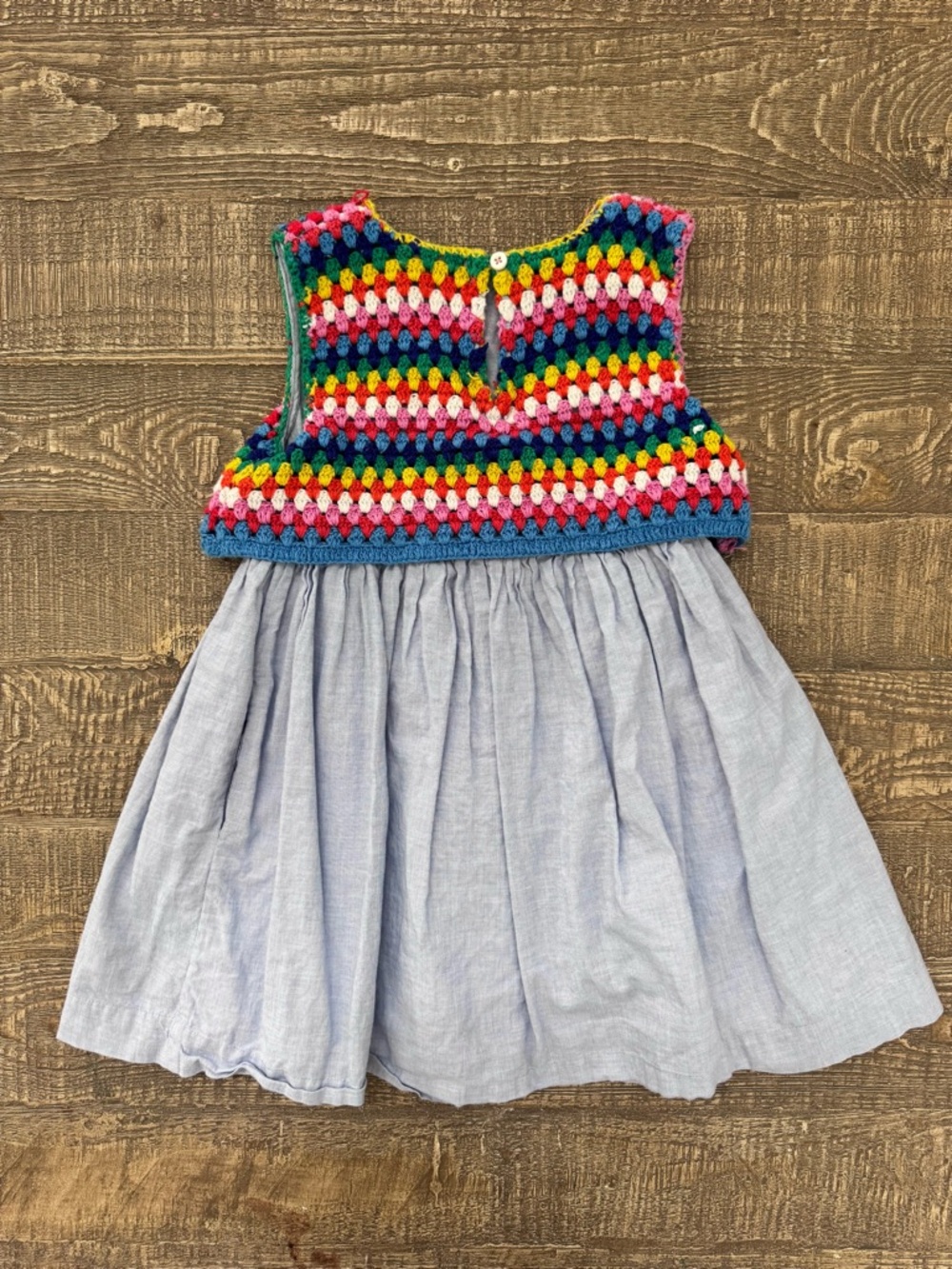 Mini Boden Multicolor Crochet Bodice Light Blue Chambray Skirt Dress size 4/5 - Picture 6 of 7